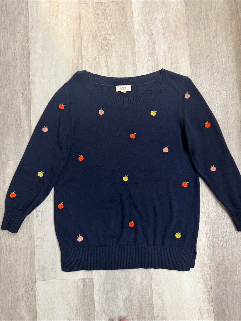 LOFT Navy Apple Crewneck Sweater with Embroidered Fruit